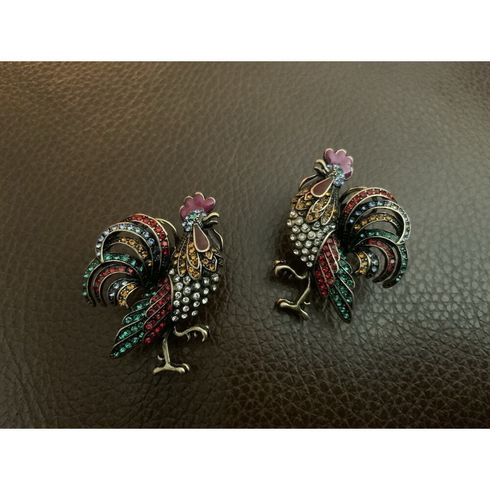 Rooster Bird Earrings VTG Museum Court Art Gold Antique Deco CZ Boho Stud Retro - Picture 9 of 9